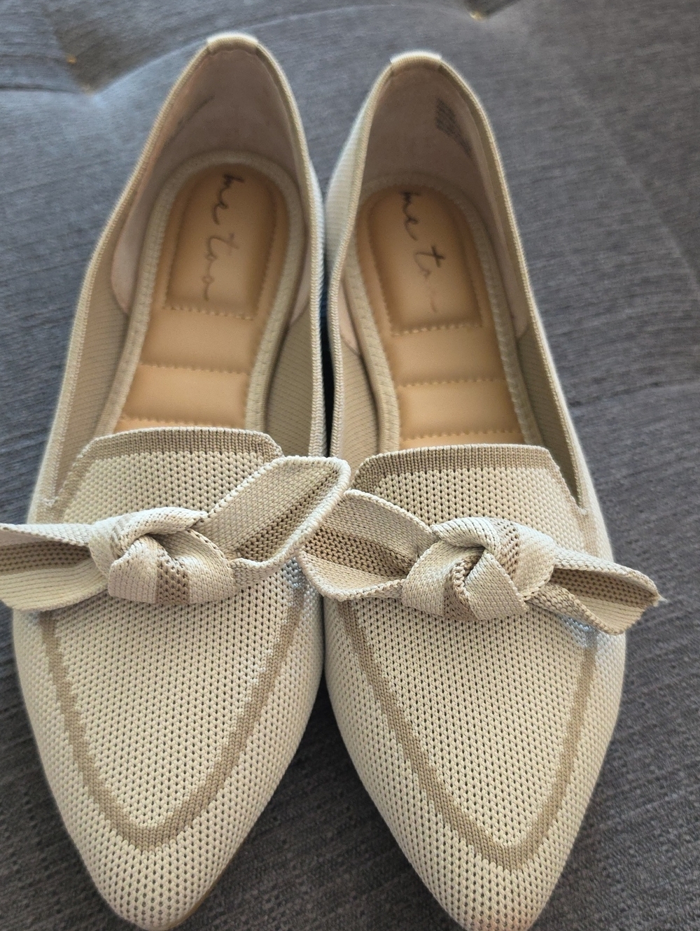 ME TOO BRAND         Knit Bow Pointed Toe Flats in Beige with Darker Beige Trim